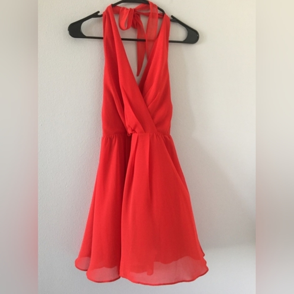 Bebe cocktail halter flare skate dress red orange chiffon silk - Picture 6 of 8